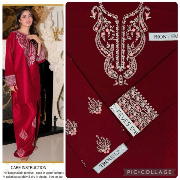 2PC Unstitched Embroidered Lawn Maroon Color